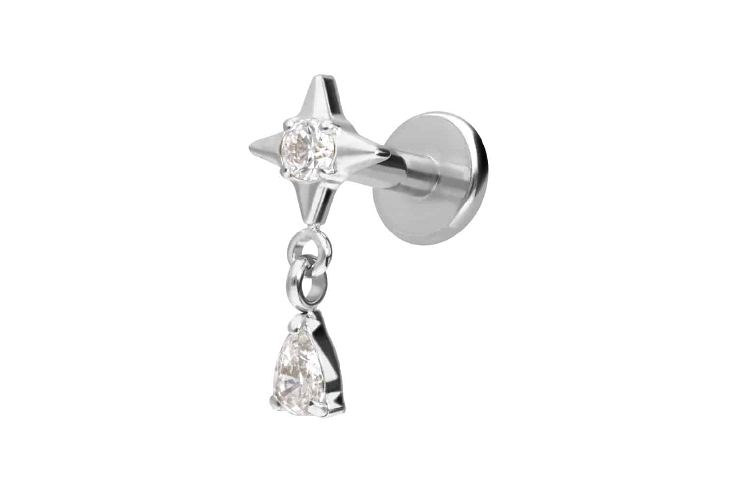 Titan Labret Piercing mit Innengewinde STERN + KRISTALLTROPFEN